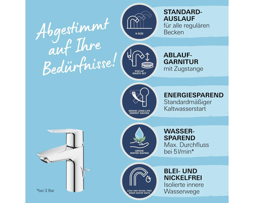 Produktinformationen zu einer Armatur: Standard Auslauf, Ablaufgarnitur mit Zugstange, Energiesparend, Wassersparend, Blei- und Nickelfrei