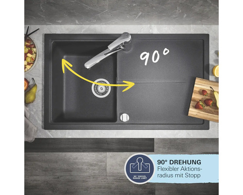 Spüle mit 90-Grad-Schwenkbereich