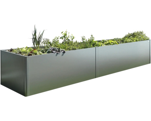 Langer Pflanzkasten aus Metall mit verschiedenen Pflanzen