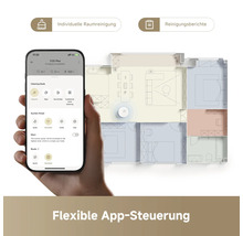 Smartphone mit App zur Steuerung eines Staubsaugerroboters und Grundrissansicht