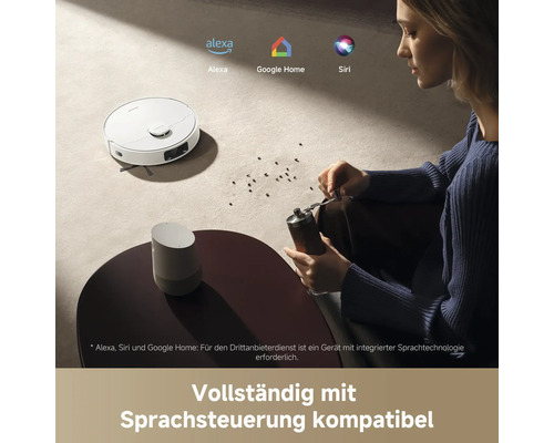 Szene mit einem Saugroboter, Alexa Logo, Google Home Logo und Siri Logo, die die Sprachsteuerungskompatibilität hervorheben