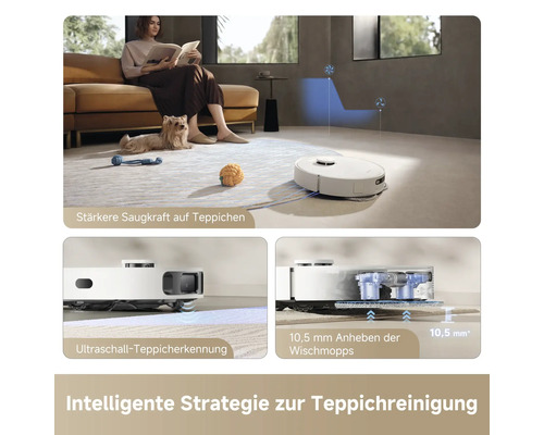 Szene mit einer Frau auf einem Sofa, einem Hund und einem Roboterstaubsauger, der Teppiche reinigt und über eine Ultraschall-Teppicherkennung verfügt.
