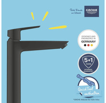 Grohe Waschtischarmatur mit Grohe Logo, Hinweis auf Produktion in Deutschland, Garantieverlängerung und Quicktool