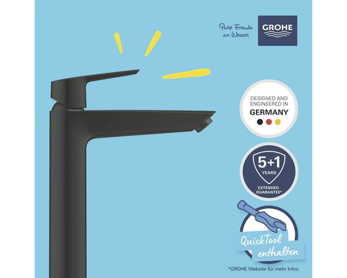 Grohe Waschtischarmatur mit Grohe Logo, Hinweis auf Produktion in Deutschland, Garantieverlängerung und Quicktool