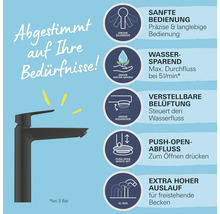 Schwarzer Wasserhahn mit Produktdetails zu Funktionen wie Wassersparen und sanfter Bedienung
