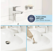 Waschbecken mit Armatur, Seifenschale und Push-Open-Ablaufgarnitur in Funktion