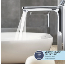 Waschtischarmatur mit Wasserfluss und Grohe Aquaguide Symbol für verstellbare Belüftung zur Steuerung des Wasserflusses