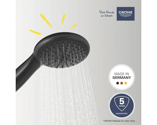 Schwarzer Grohe Duschkopf mit Wasserstrahl, Made in Germany Siegel und fünf Jahre Garantie