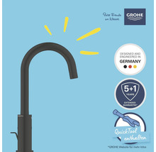 Wasserhahn mit Hinweisen zu Design aus Deutschland, Garantie und enthaltenem Werkzeug