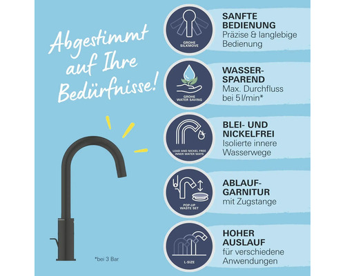 Armatur mit Produktvorteilen wie sanfte Bedienung, Wassersparfunktion, Blei- und Nickelfreiheit, Ablaufgarnitur und hohem Auslauf