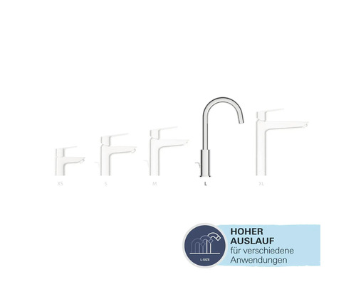 Verschiedene Größen von Badarmaturen von XS bis XL.