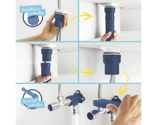 Montageanleitung für einen Siphon mit Schnellmontagesystem und Werkzeug