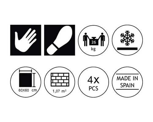Pictogrammes et symboles des propriétés du produit : contact manuel, antidérapant, poids 26 kg, résistance au gel, dimensions des carreaux 60x60 cm, superficie 1,07 m², 4 pièces par paquet, Made in Spain