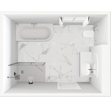 Vue de dessus d''une salle de bains avec baignoire, douche, lavabo et toilettes.