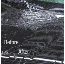 Vorher-Nachher-Vergleich einer Auto Windschutzscheibe mit Wasserabperleffekt.