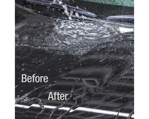 Vorher-Nachher-Vergleich einer Auto Windschutzscheibe mit Wasserabperleffekt.