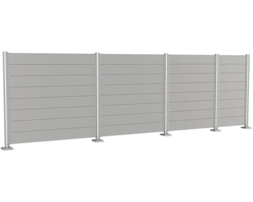 Clôture de confidentialité avec panneaux horizontaux et poteaux métalliques