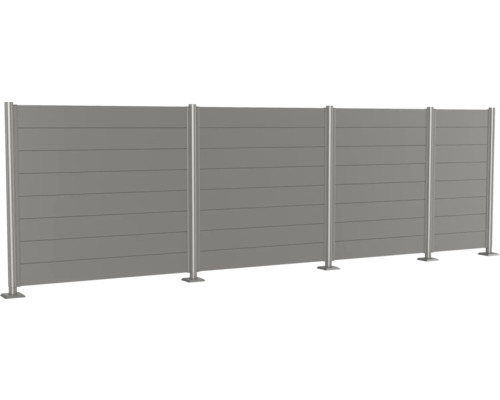 Clôture d''intimité grise composée de lames horizontales et de poteaux métalliques