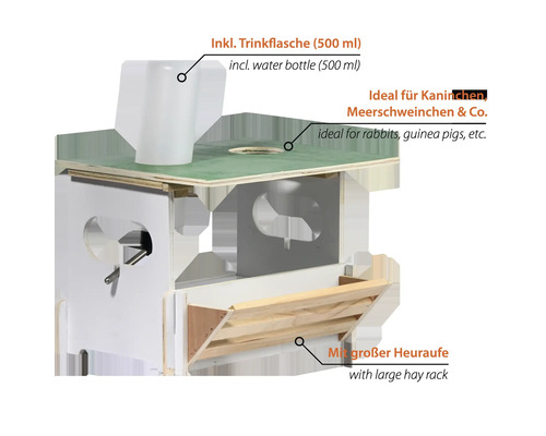 Kaninchenstall mit Trinkflasche und Heuraufe