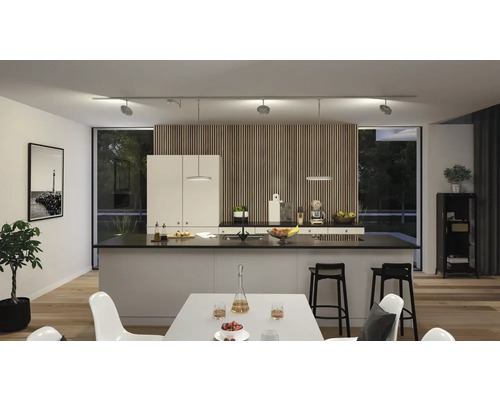 Moderne Küche mit Kücheninsel, Esstisch und Schienensystem mit Strahlern