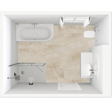 Vue de dessus d''une salle de bains avec baignoire, douche, toilettes et lavabo