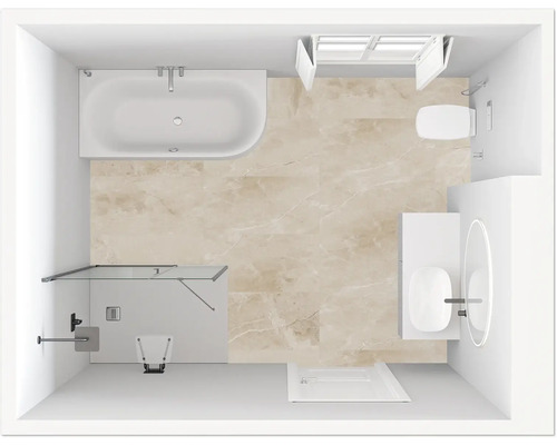 Vue de dessus d''une salle de bains avec baignoire, douche, toilettes et lavabo