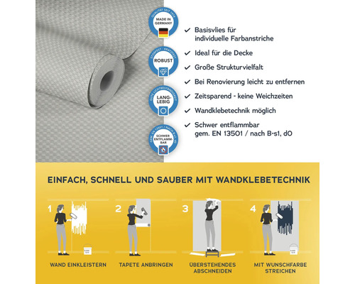 Tapetenrolle mit Hinweisen zu Eigenschaften und Verarbeitung mit Wandklebetechnik