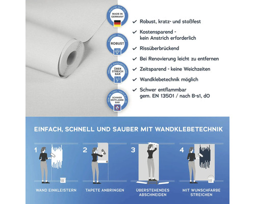Rollenvliestapete mit Hinweisen zur Verarbeitung und Produkteigenschaften