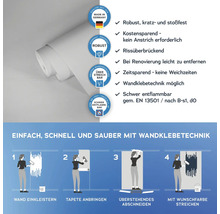 Informationen zur Wandklebetechnik und zu den Eigenschaften der Tapete: robust, kratzfest, stoßfest, rissüberbrückend, schwer entflammbar gemäß EN 13501