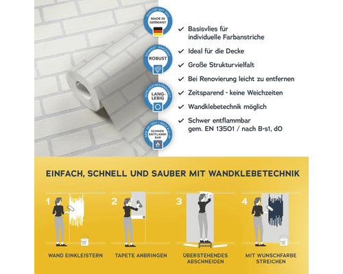 Tapetenrolle mit Ziegelmuster und Informationen zu Eigenschaften und Anwendung