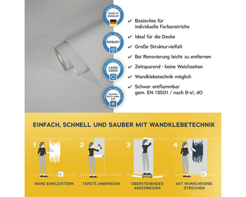 Tapetenrolle mit Informationen zur Anbringung und Produkteigenschaften