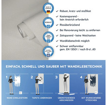 Informationen zur Wandklebetechnik und Eigenschaften einer Tapete, inklusive Hinweis auf die Herstellung in Deutschland.