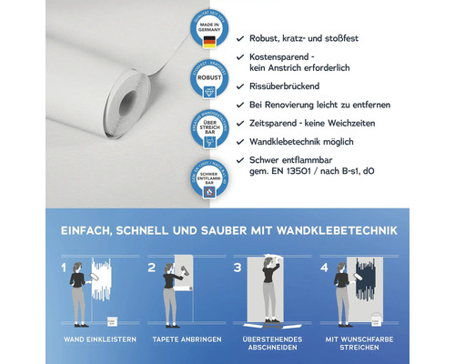 Rolle einer robusten, kratz- und stoßfesten Vliestapete mit Wandklebetechnik und Anwendungsbeispielen