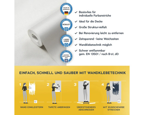 Rolle Raufasertapete mit Hinweisen zur Verarbeitung und Qualitätsmerkmalen