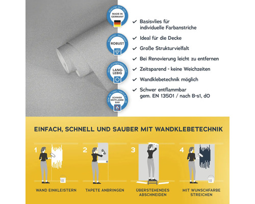 Vliestapete mit Anwendungsanleitung und Produkteigenschaften