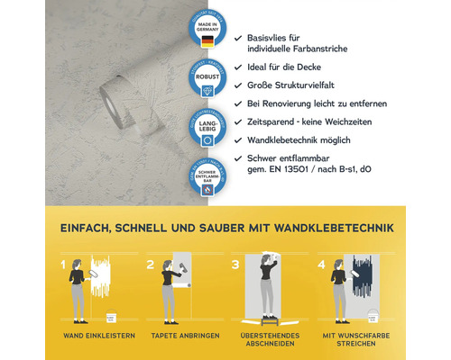 Vliestapete mit Produkteigenschaften und Anbringungsanleitung