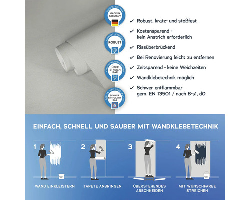 Rolle einer robusten, kratz- und stoßfesten Wandtapete mit Hinweisen zur Verarbeitung und Eigenschaften wie schwer entflammbar