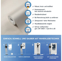 Tapetenrolle mit Informationen zur Verarbeitung und Eigenschaften wie Robustheit, Rissüberbrückung und leichter Entfernung bei Renovierung