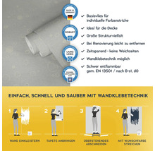 Vliestapete mit Kreismuster und Produktvorteilen sowie Anleitung zur Anbringung mit Wandklebetechnik