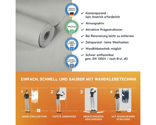 Tapetenrolle mit Produktvorteilen und Anbringungsanleitung durch Wandklebetechnik