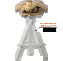 Vogelhaus aus Holz auf einem weißen Ständer