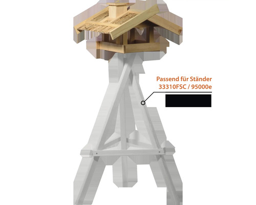 Vogelhaus aus Holz auf einem weißen Ständer