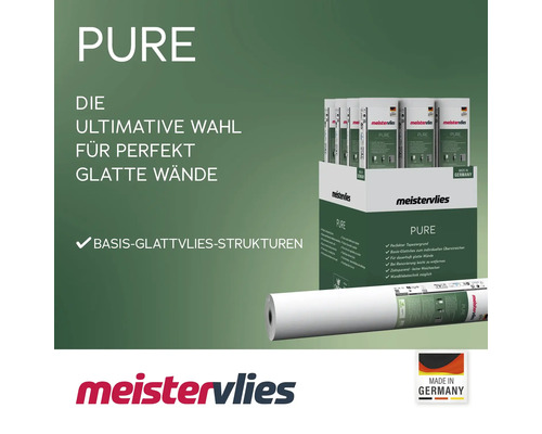 Meistervlies Pure Glattvlies für perfekt glatte Wände und einfache Renovierung, hergestellt in Deutschland.