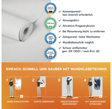 Rolle einer weißen, überstreichbaren Vliestapete mit Hinweisen zu Produkteigenschaften und Verarbeitung.