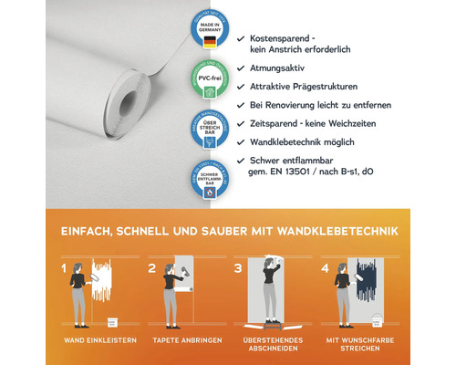 Rolle einer weißen, überstreichbaren Vliestapete mit Hinweisen zu Produkteigenschaften und Verarbeitung.