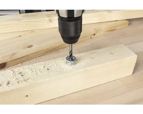 Akkubohrer bohrt Loch in ein Holzbrett