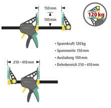 Serre-joint une main Wolfcraft avec une force de serrage de 120 kg, une largeur de serrage de 150 mm, une saillie de 100 mm et une plage de serrage de 210 à 410 mm.