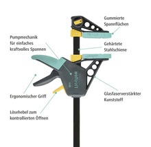 Serre-joint une main Wolfcraft avec mécanisme de pompe, poignée ergonomique et plastique renforcé de fibres de verre