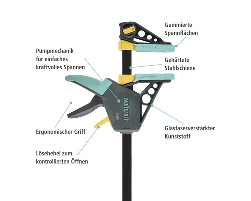 Wolfcraft Einhandzwinge mit Pumpmechanik, ergonomischem Griff und glasfaserverstärktem Kunststoff