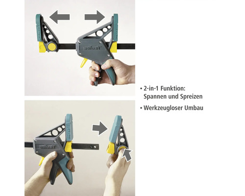 Wolfcraft Einhandzwinge mit Spann- und Spreizfunktion im Einsatz gezeigt